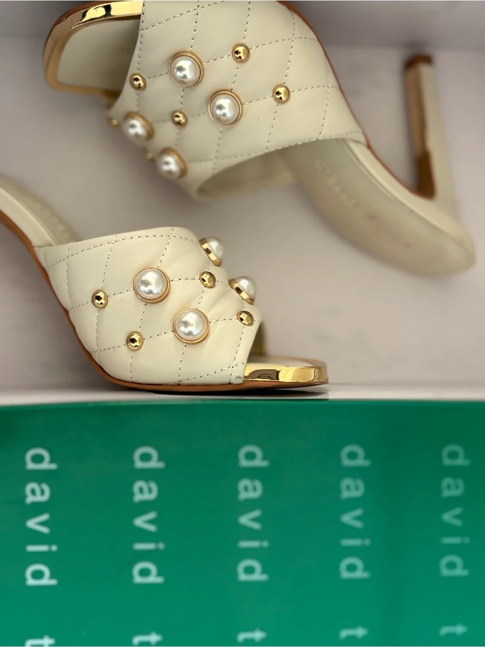Karl Lagerfeld Ivory Pearl & Gold Stud High Heel Mules
